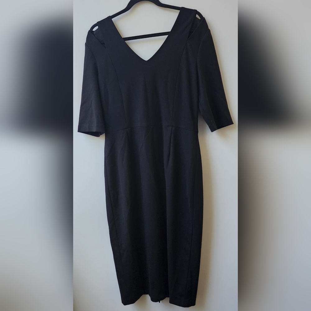 Halogen Black Midi Dress Cold Shoulder Cut Out 3/4 Sleeves 12 Midi Dual Zipper - Picture 2 of 9